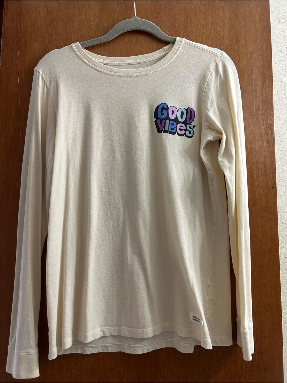 Life Is Good Cream Long-Sleeve Tee with Colorful "Good Vibes" Chest Print